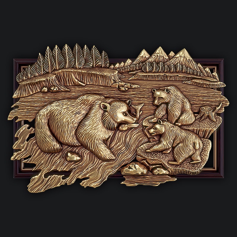 3D Модель для ЧПУ - Панно Мишки на озере